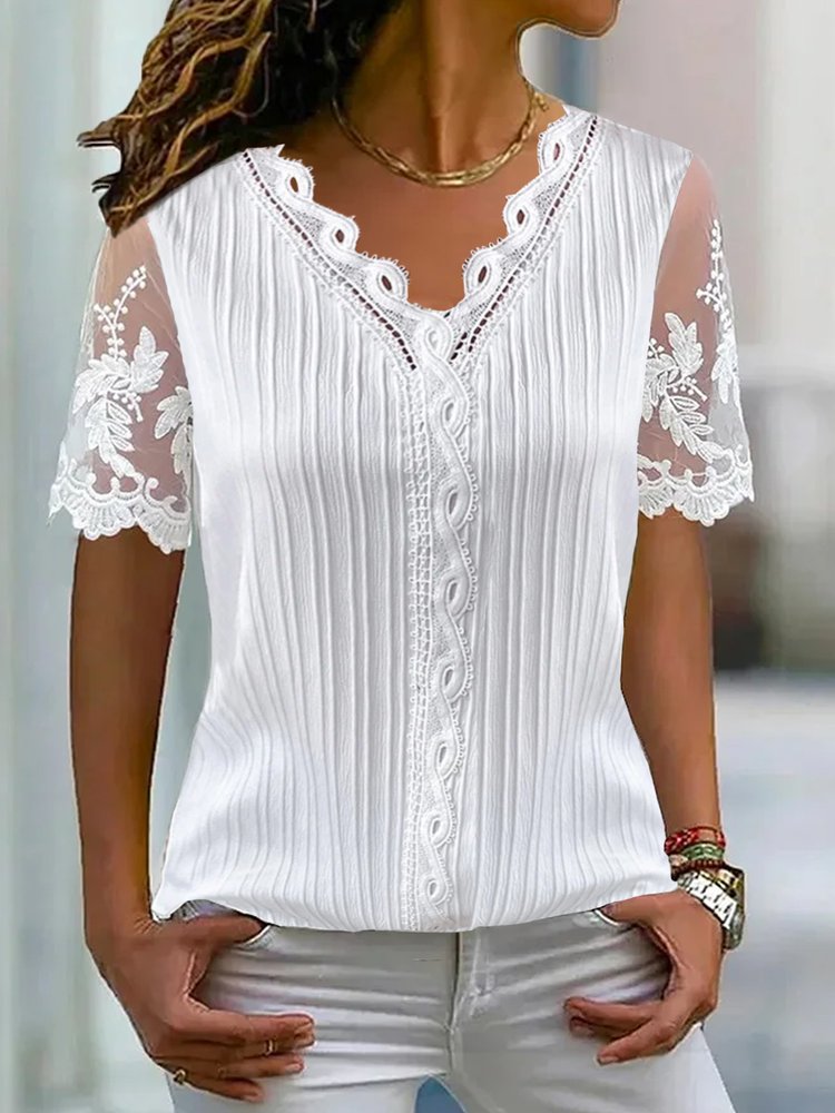 V Neck Plain Lace Casual Shirt QX74