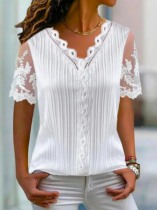 V Neck Plain Lace Casual Shirt  QX74