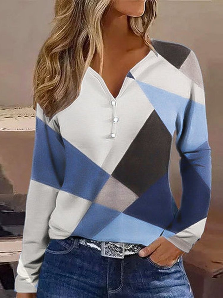 Casual Crew Neck Color Block Loose T-Shirt QZ62
