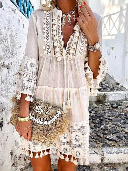 Damen Sommer 3/4 Ärmel V-Ausschnitt Urlaub Boho Kleid AD614
