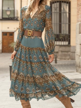 V Neck Chiffon Vacation Ethnic Dress QAH28