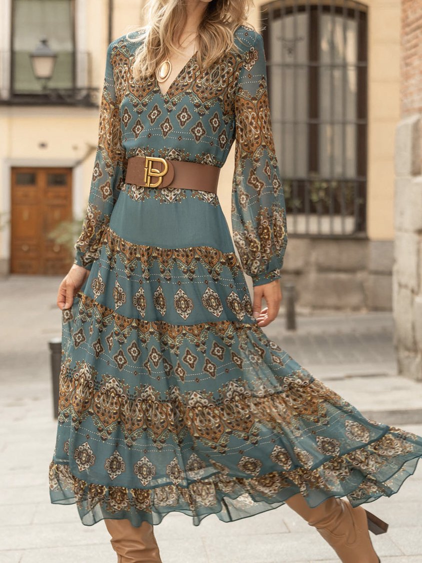V Neck Chiffon Vacation Ethnic Dress QAH28