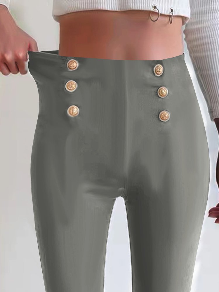 Casual Patchwork Button Tight Plain Leggings WX93