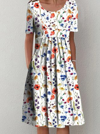 Lockeres, legeres, kurzärmliges Kleid mit Blumenmuster EE17