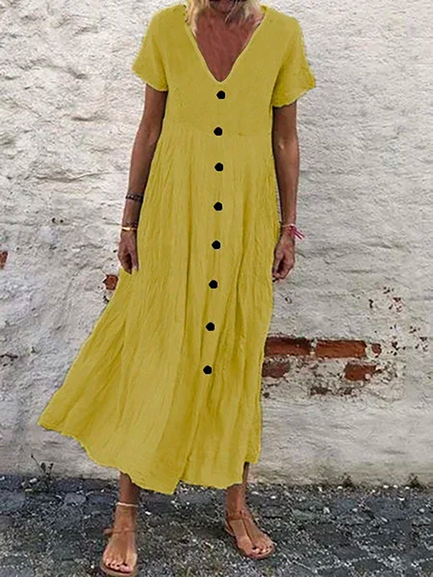 Cotton Plain V Neck Casual Boho Dress NNq2