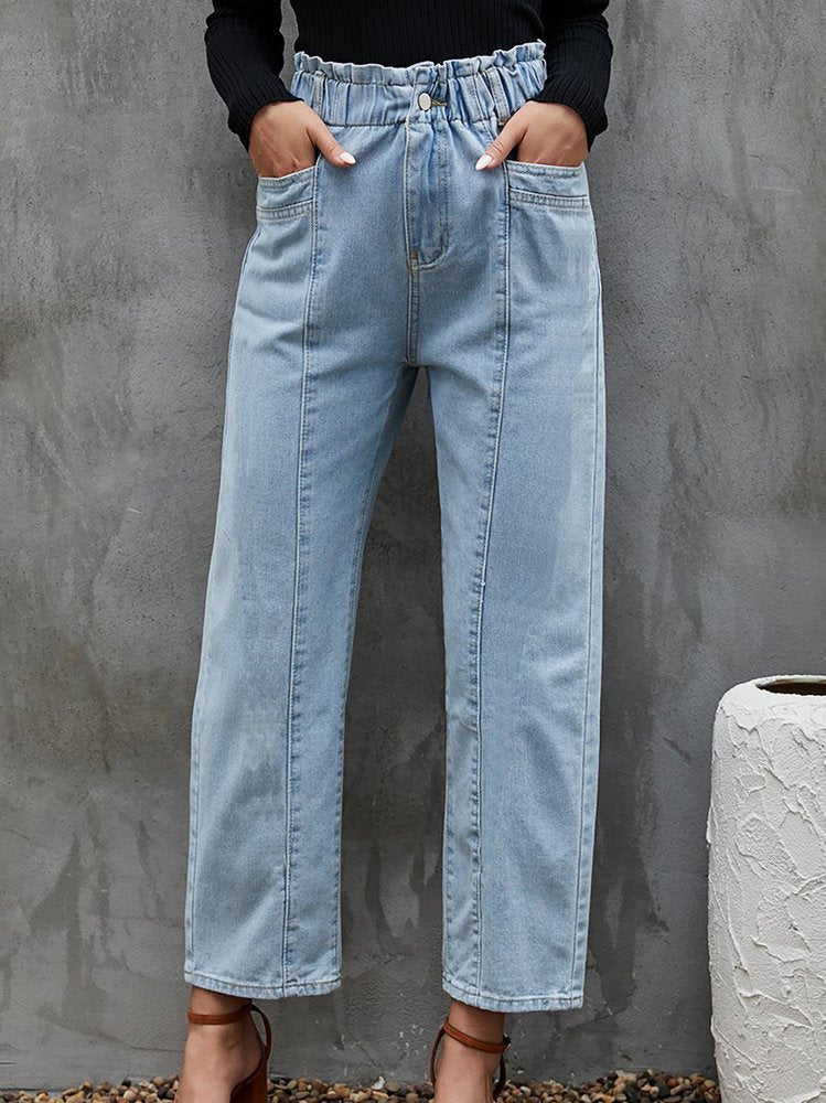 Blue Solid Casual Elastic Waist Straight Leg Jeans QS61