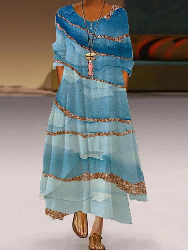 3/4 Sleeve Cotton-Blend Printed Casual Weaving Dress WF67