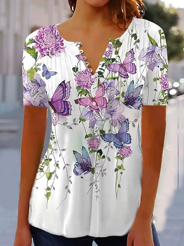 Vacation Floral V Neck Loose T-Shirt WG114