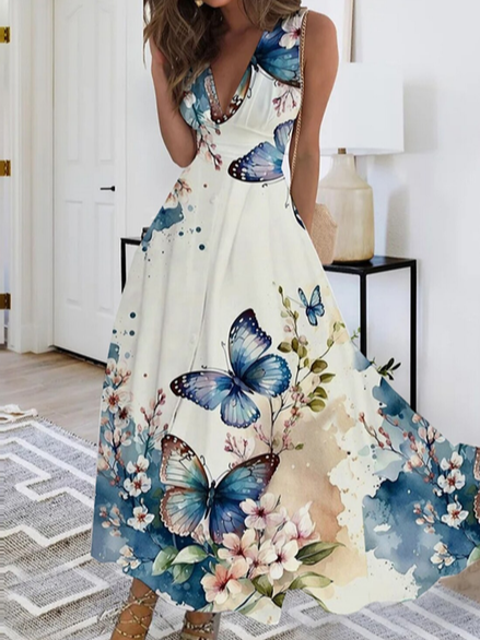 Elegant Butterfly Positioning Print High Elastic Sleeveless Dress QM61