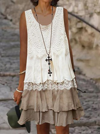 Solid U-Neck Sleeveless Woven Lace Dress NNq50