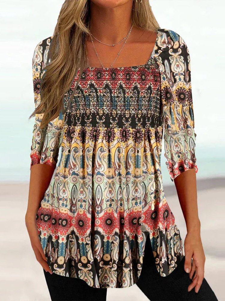 Tunique à col carré pour femme, coupe régulière, style ethnique, ombré, ap9