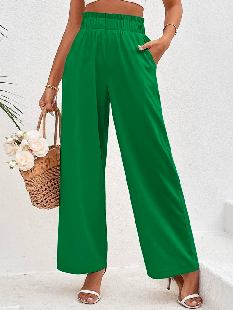 Cotton Casual Plain Paperbag Waist Wide Leg Pants WX96