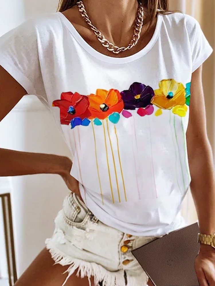 Lässiges Jersey-T-Shirt mit Rundhalsausschnitt und Blumenmuster QX69