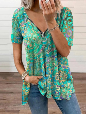 Women's Floral Printed Short Sleeve V Neck Cotton Blend Green Tunic T-Shirt MMq34