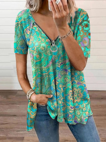 Women's Floral Printed Short Sleeve V Neck Cotton Blend Green Tunic T-Shirt MMq34