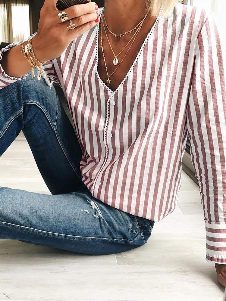 Striped V Neck Loose Casual Blouse QR116