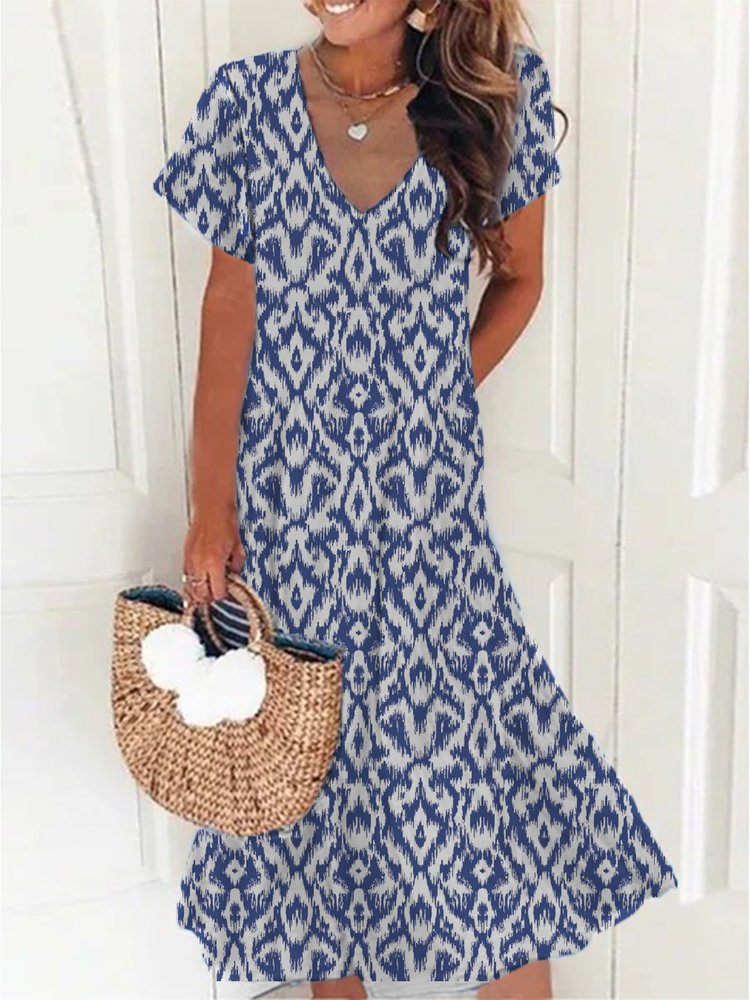 Casual V Neck Geometric Short Sleeve Loose Dress QA54