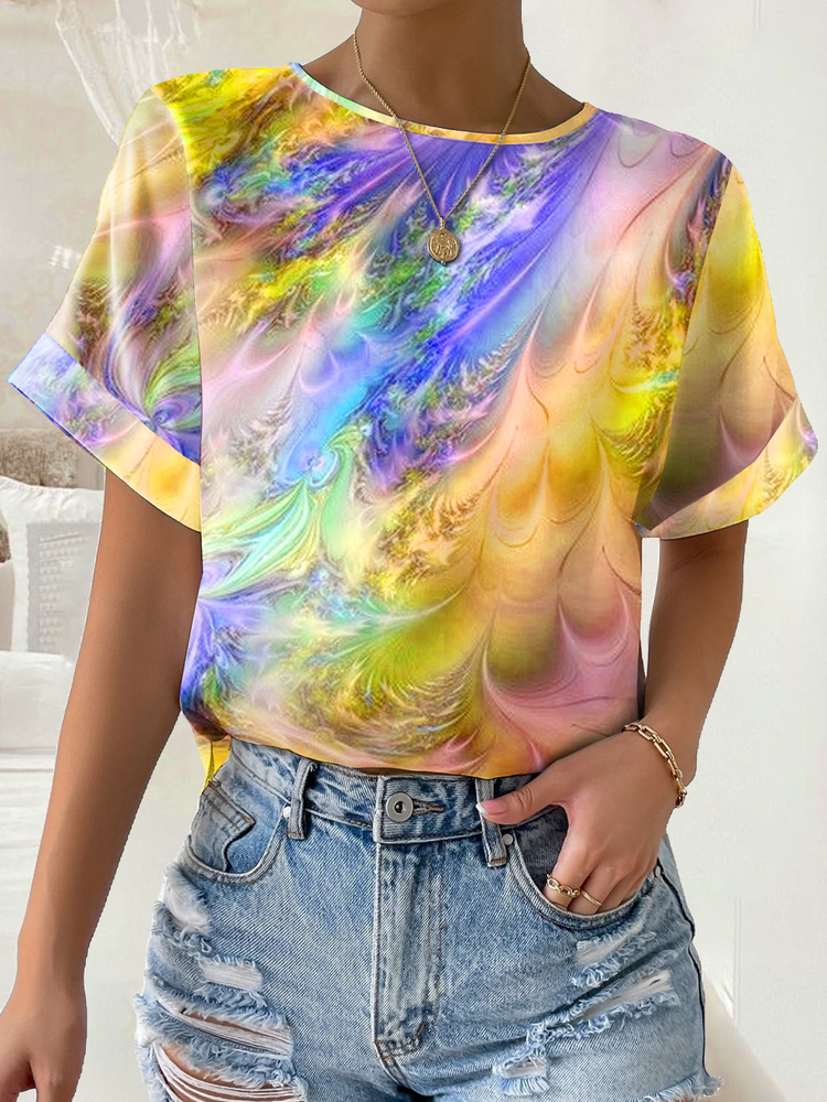 Crew Neck Abstract Loose Casual T-Shirt WI101