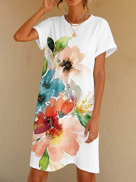 Crew Neck Floral Printed Casual Simple Midi Dresses WJ97