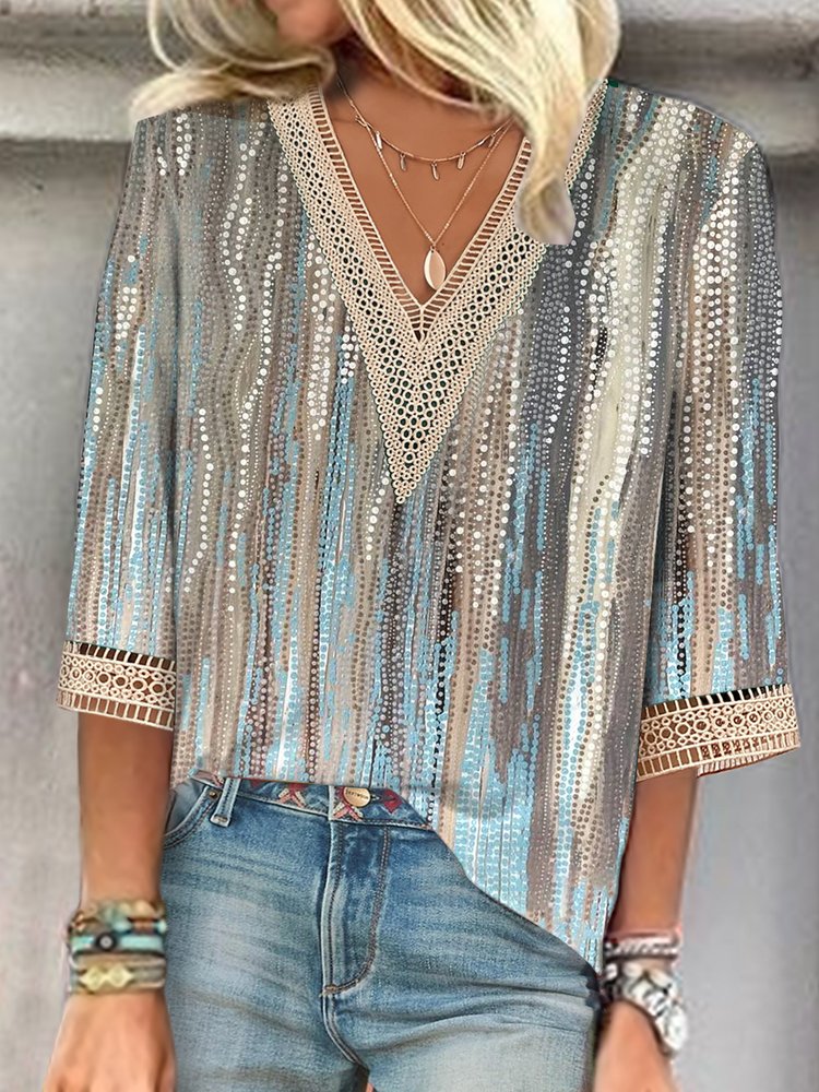 V Neck Ombre Casual Lace Shirt mm265