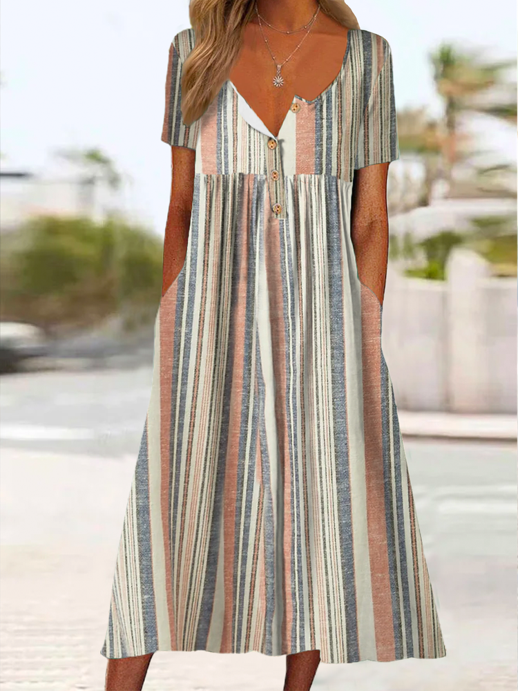 Casual Striped Notched Buttoned Short Sleeve Dress WT68