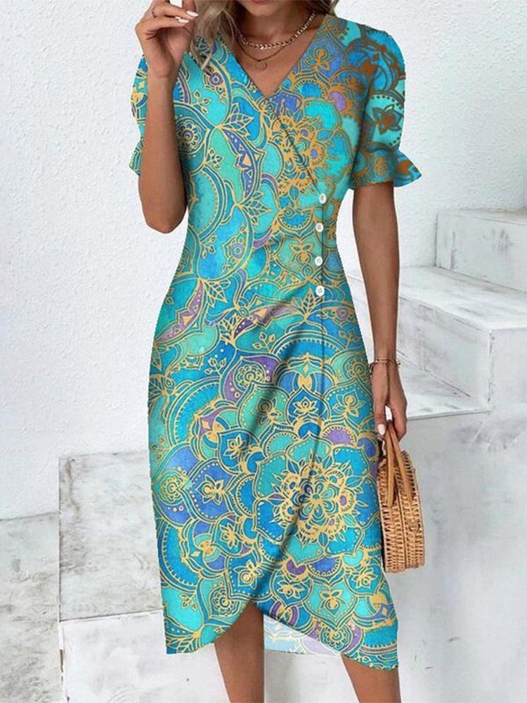 Ethnic Flounce Sleeve Wrap Hem Dress QU77