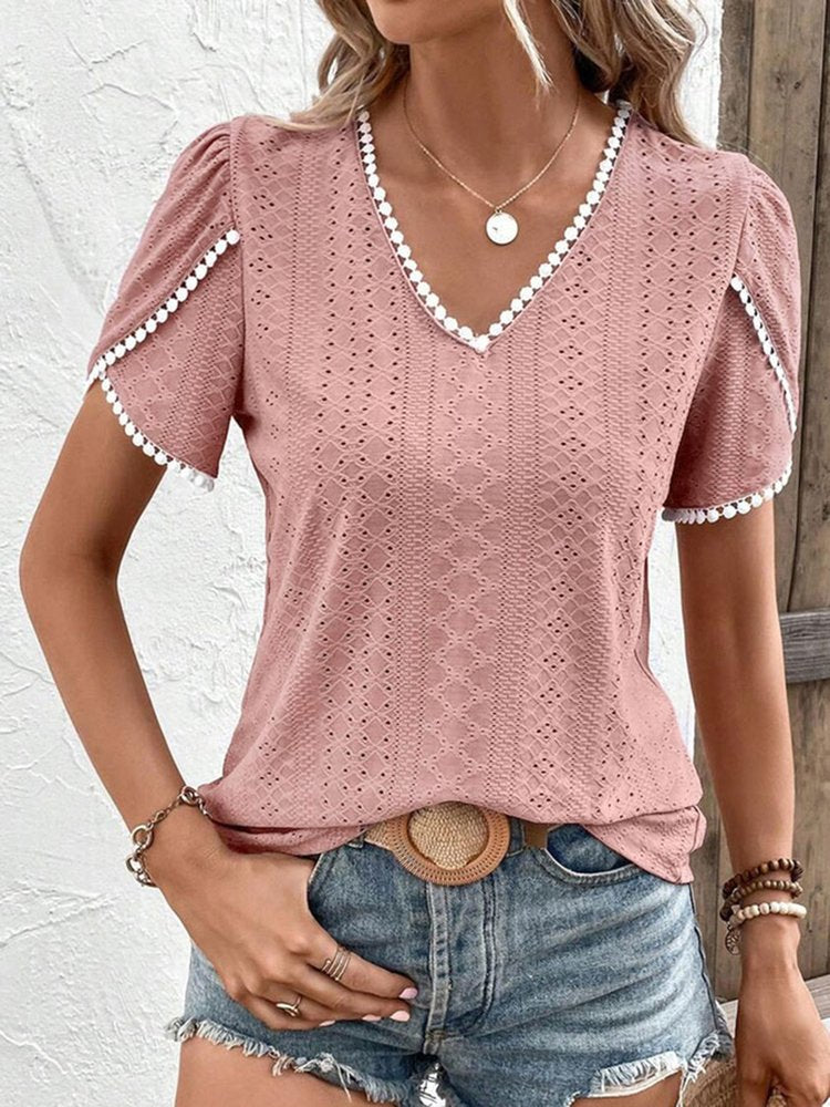 Casual Lace V Neck Plain Shirt QH87