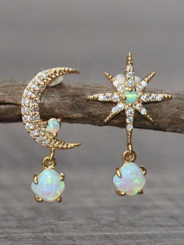 Vintage Diamond Star Moon Shaped Opal Moonstone Earrings Beach Vacation Wind Ethnic Jewelry AH308