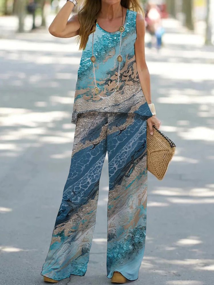 Crew Neck Casual Loose Abstract Two-Piece Set QF101