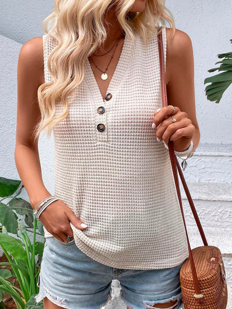 Loose V Neck Casual Buttoned Half Button Waffle Knit Tank Top WW100