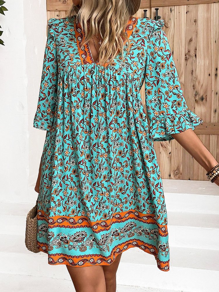 Floral Vacation V Neck Loose Dress QM120