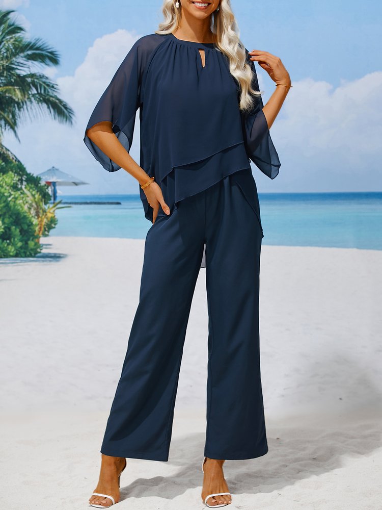 Schlichtes, elegantes, lockeres, urbanes Zweiteiler-Set mit Rundhalsausschnitt QF83