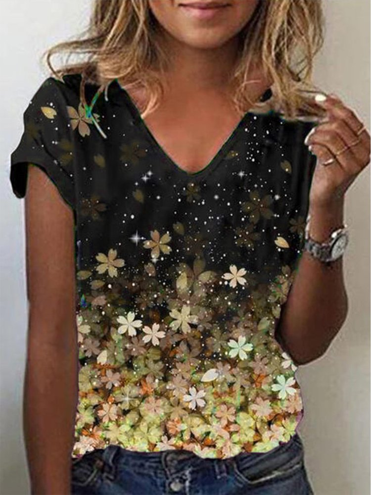 Lässiges T-Shirt mit V-Ausschnitt und Blumenmuster QH93