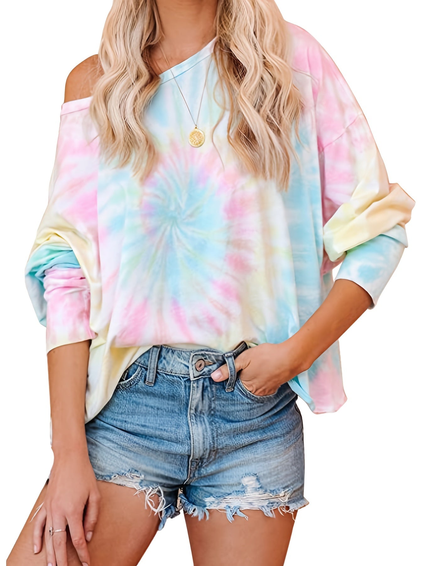 Women's Tie Dye Print Crew Neck T-Shirt, Casual Long Sleeve T-Shirt, Casual Every Day Tops, Women's RA1013