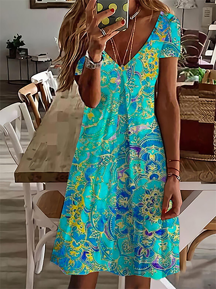V Neck Casual Short Sleeve Printed Dress QM78