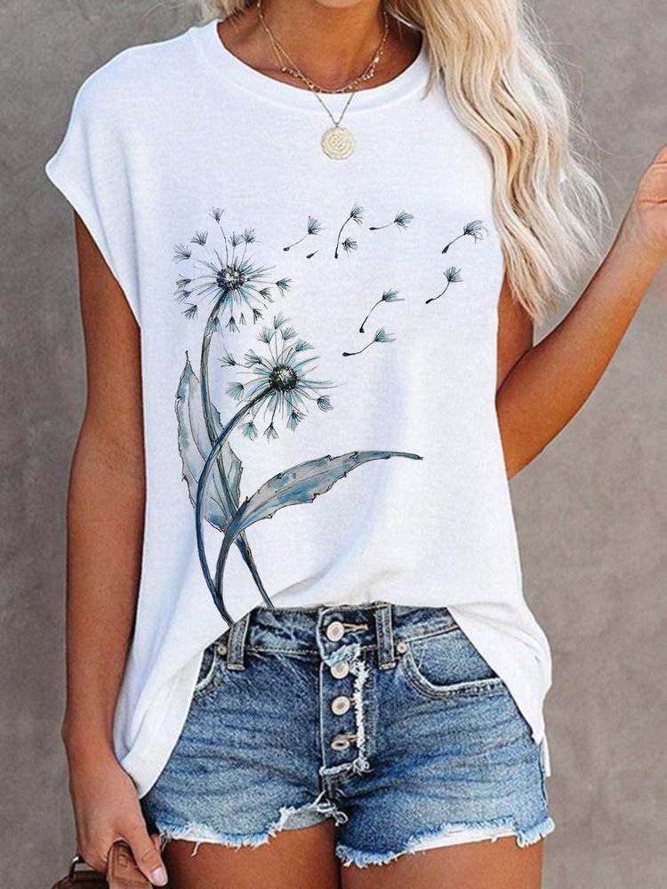 Casual Dandelion Short Sleeve Round Neck Printed Top T-Shirt WZ115