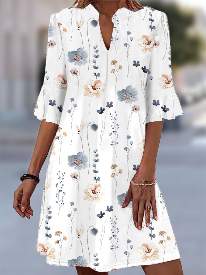 Floral Casual Loose Shirt Collar Flare Sleeve Dress QT35