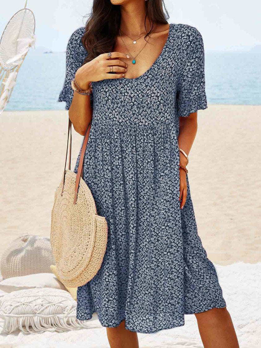 Women Floral Printed Short Sleeve Vintage Boho Weaving Tunic Dress NNq28