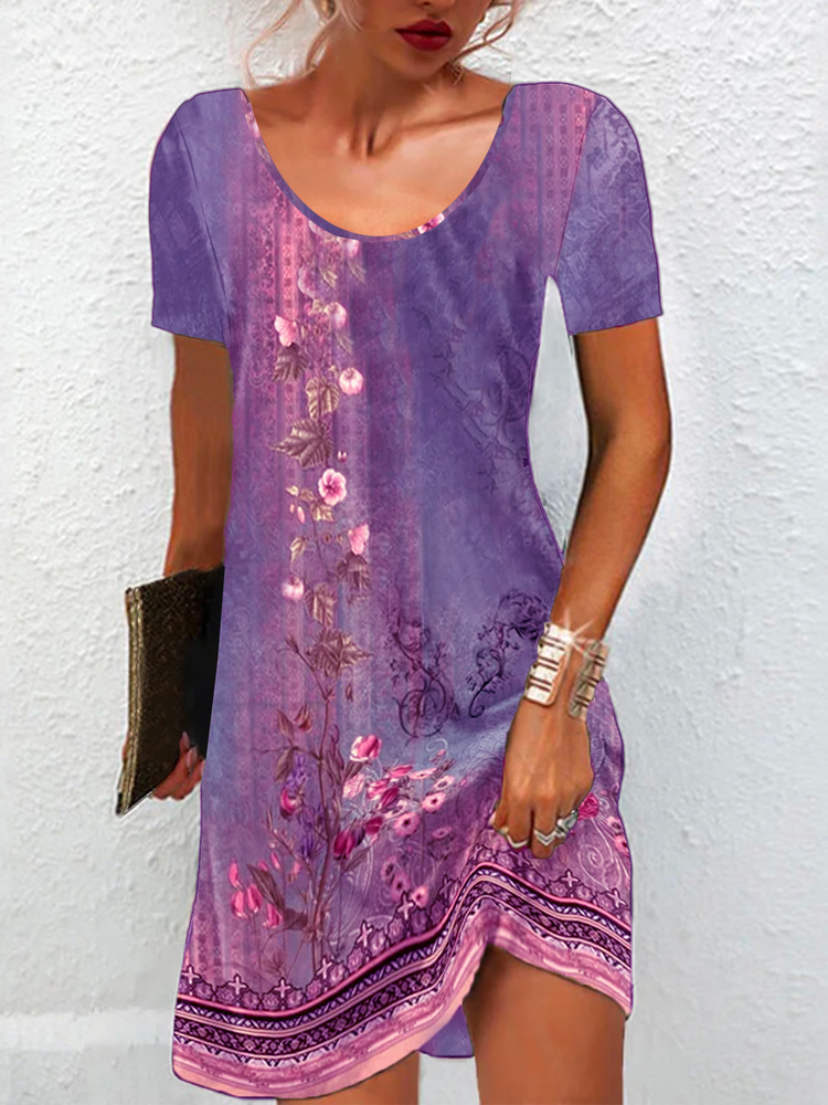 Crew Neck Loose Floral Casual Dress QU67