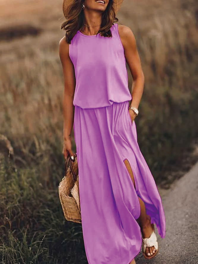Sleeveless Holiday Solid Round Neck Long Weaving Dress QPQ93