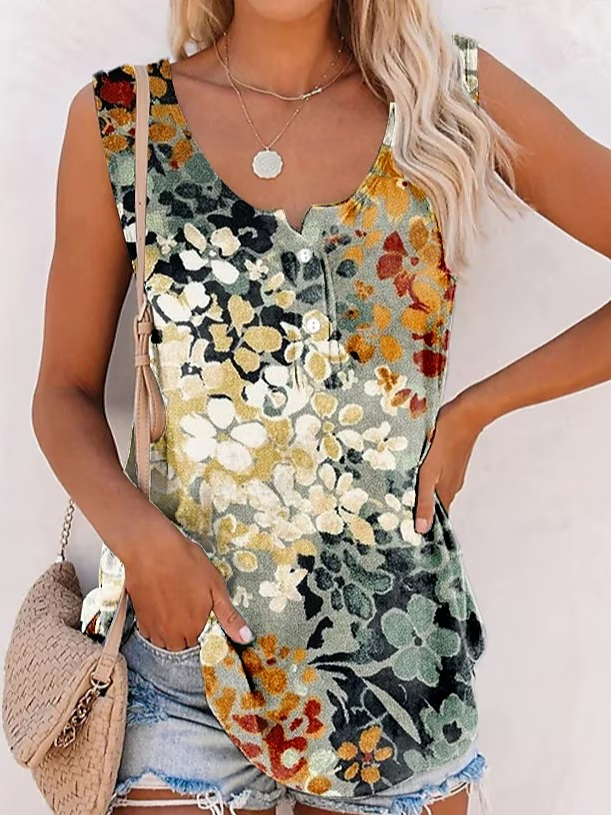 V Neck Loose Casual Floral Tank Top WS87