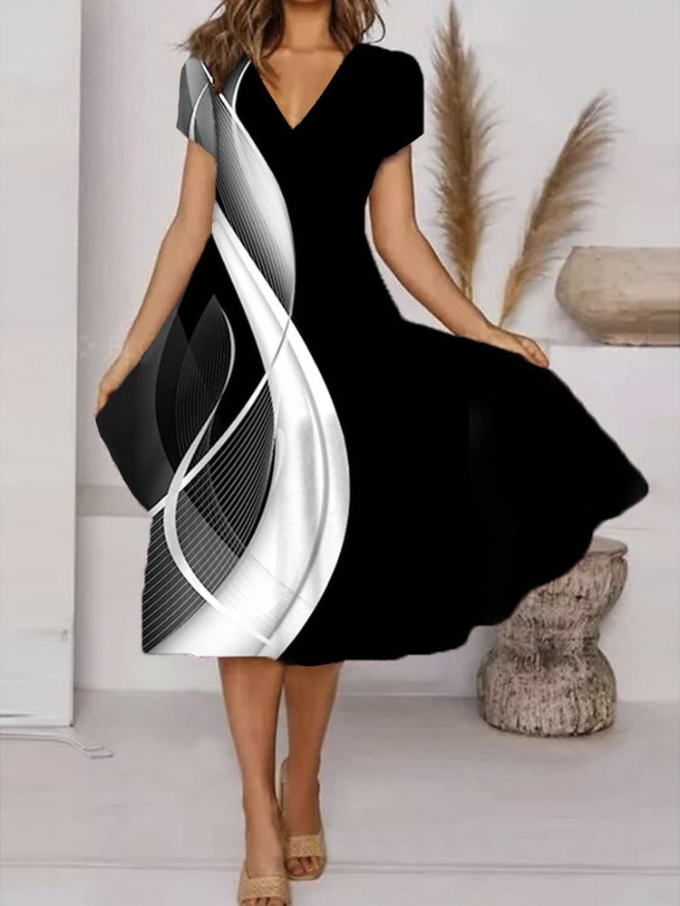 Regular Fit Black And White Colorblock V Neck Casual Dress QPQ99