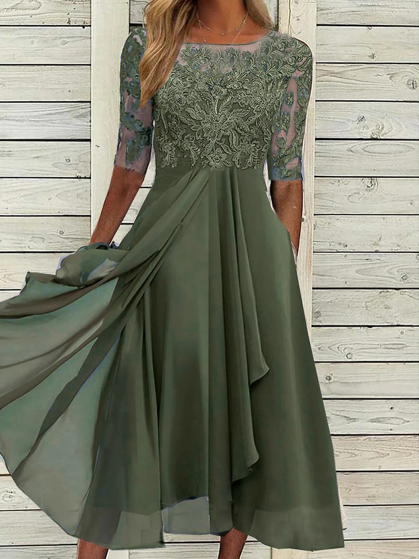Robe de bal mi-longue élégante à col rond et dentelle AD499