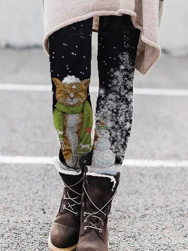 Cat And Christmas Snowman Tight Casual Leggings AH044