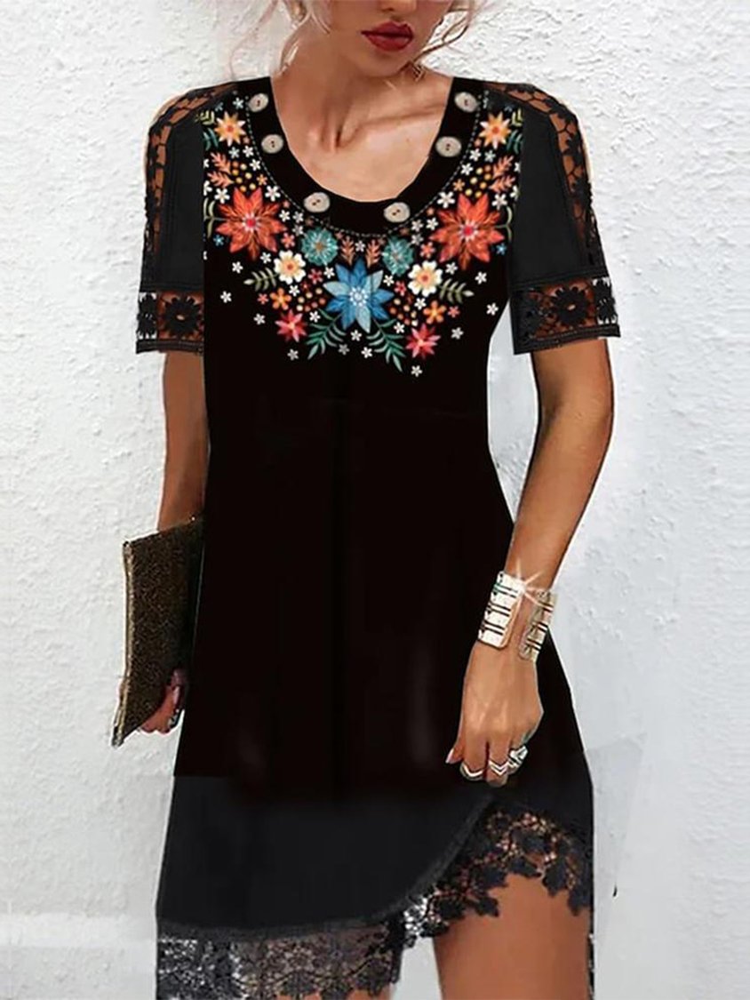 Robe fleurie élégante à col ras du cou et coupe classique RR33