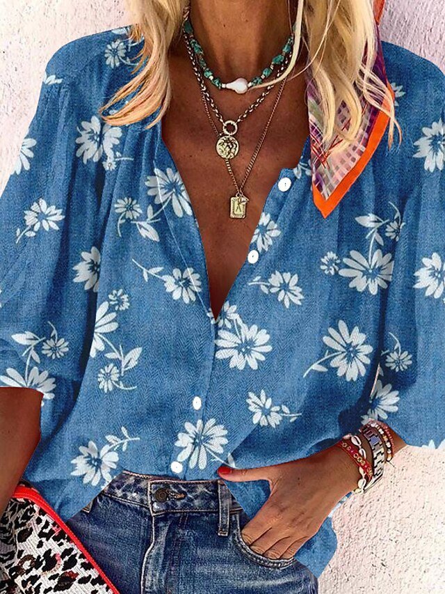 Floral Stand Collar Cotton Casual Blouse QV117