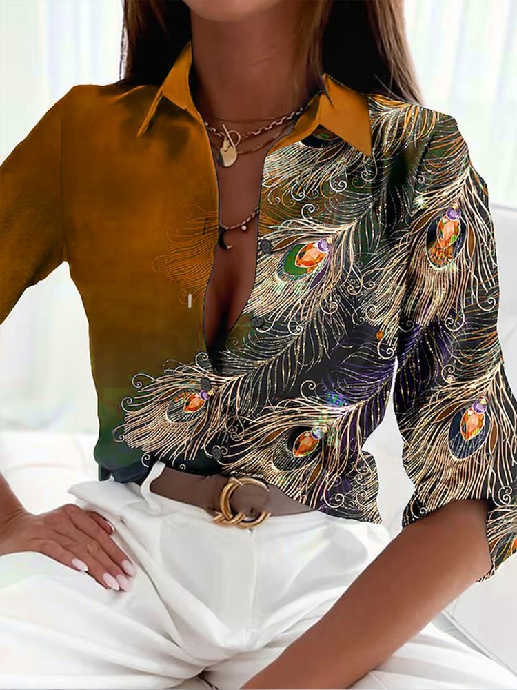 Casual Shirt Collar Feather Pattern Blouse WZ83
