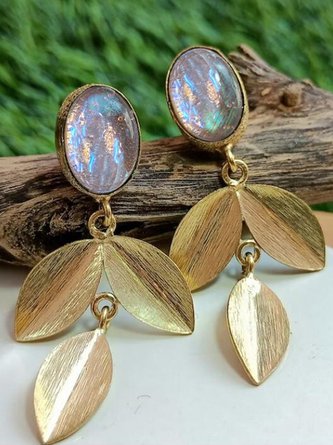 Casual Natural Opal Gold Leaves Pattern Earrings Everyday Ethnic Jewelry QAG48