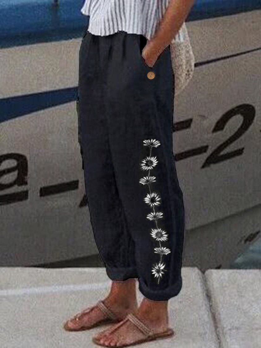 Women Casual Loosen Pockets Floral Pants AH099