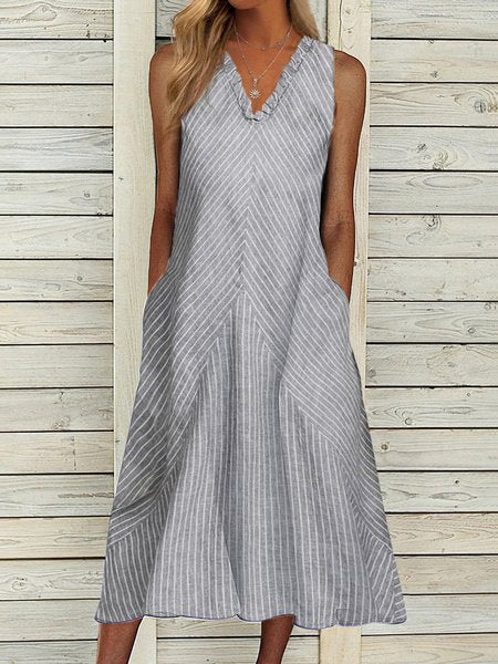 Casual Regular Fit Striped V Neck Short Sleeve women Dress FA191